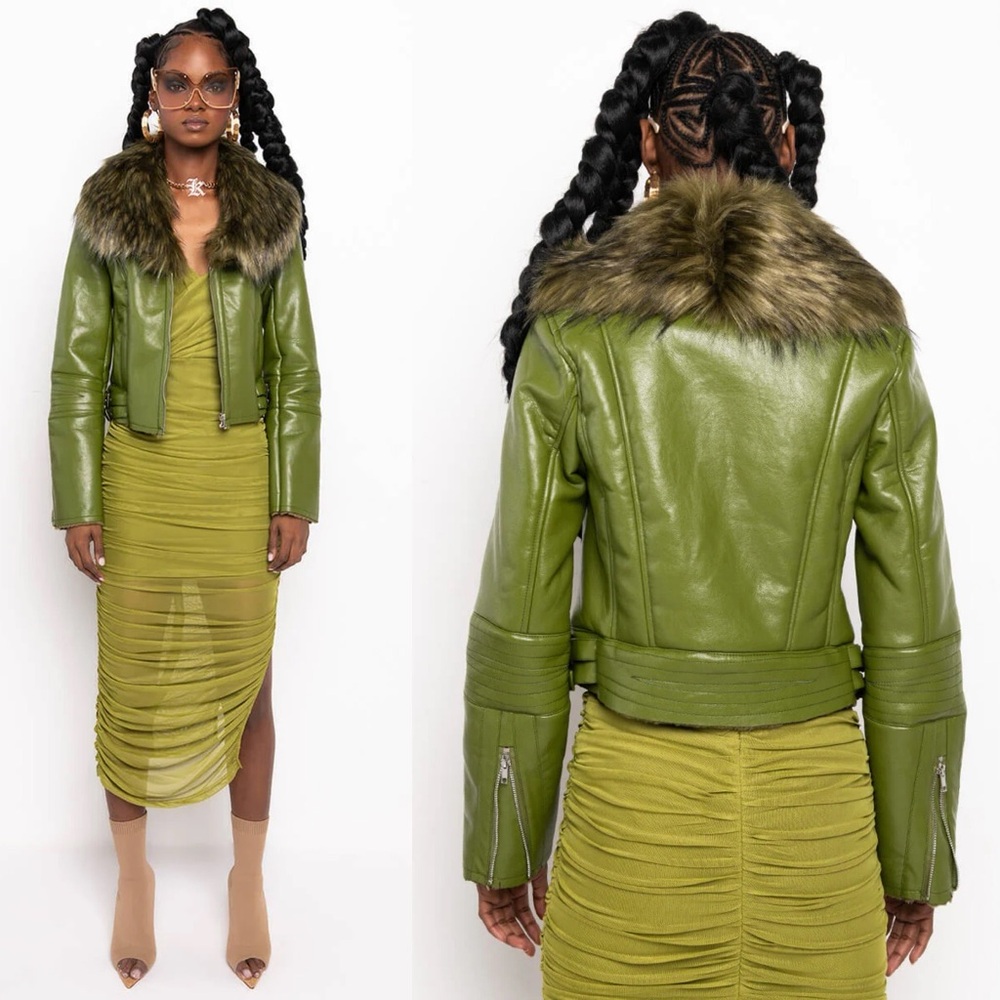 AZALEA WANG Faux Leather Moto Jacket fur collar "No Competition" zip women small